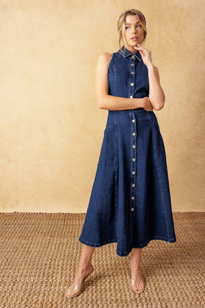 COOL GIRL DENIM MIDI DRESS.