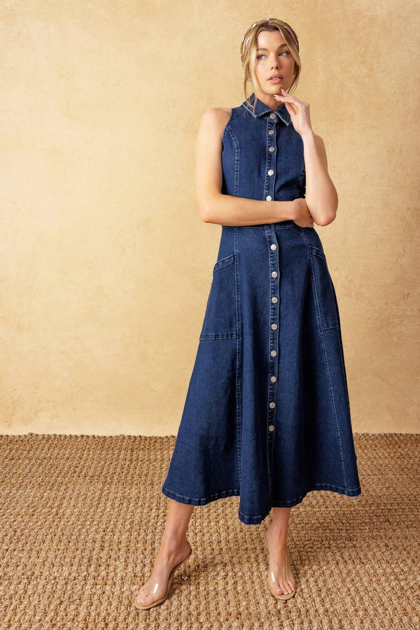 COOL GIRL DENIM MIDI DRESS.