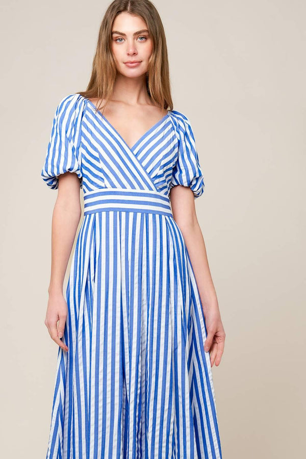 SUNSET STEPS BLUE WOVEN MIDI DRESS.