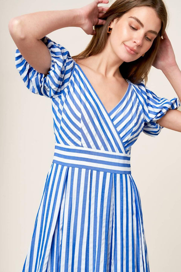 SUNSET STEPS BLUE WOVEN MIDI DRESS.