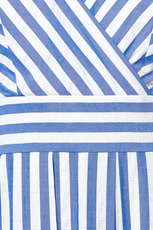 SUNSET STEPS BLUE WOVEN MIDI DRESS.