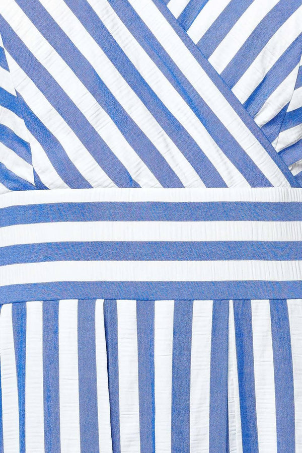SUNSET STEPS BLUE WOVEN MIDI DRESS.