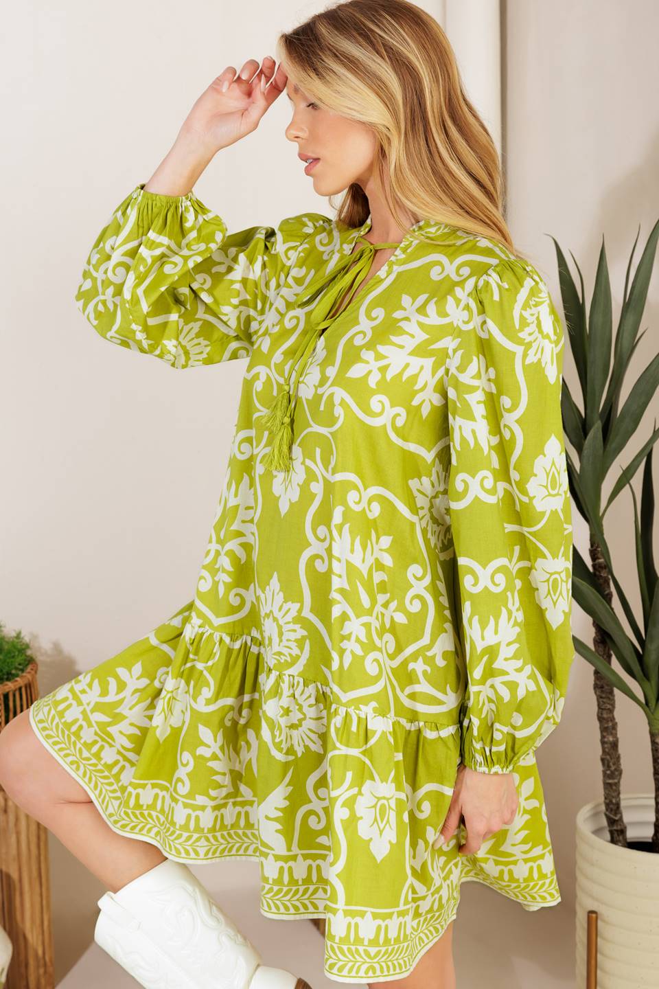 CATCHING FLIGHTS LIME WOVEN MNI DRESS