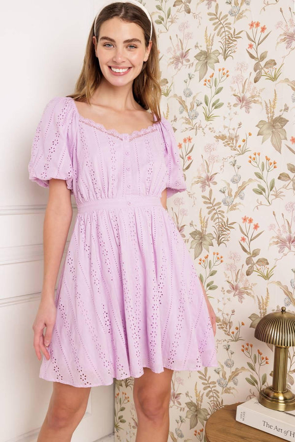 MIDNIGHT MIRAGE GOWN WOVEN EYELET MINI DRESS.