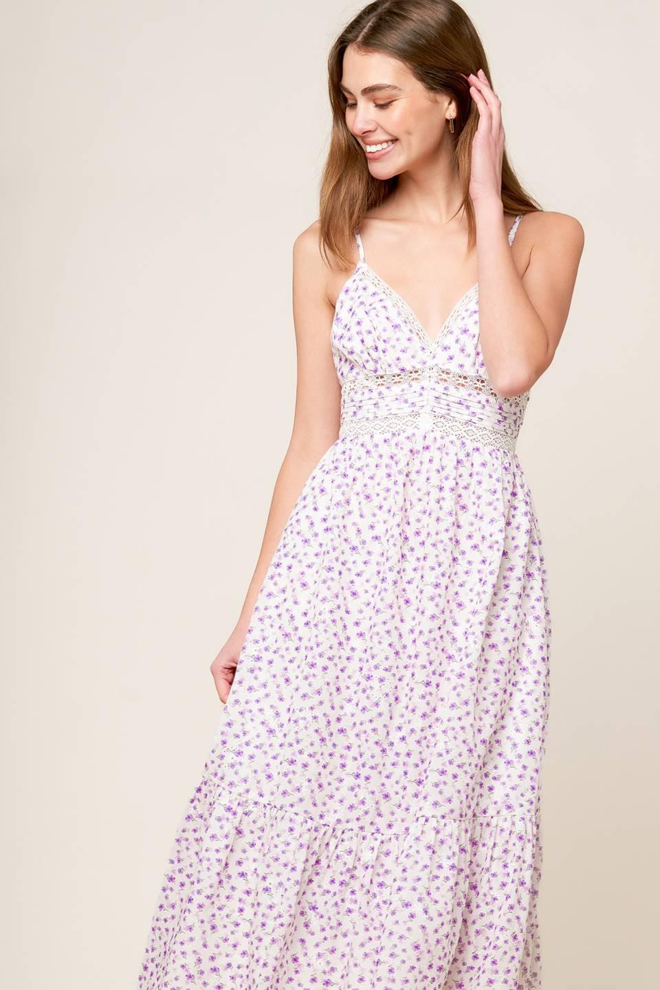 DAYLIGHT GLIMMER LAVENDER WOVEN MIDI DRESS.