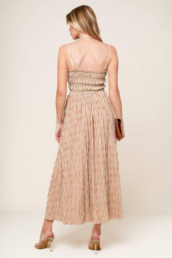 VALHALLA BROWN STRIPED WOVEN MIDI DRESS.