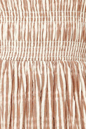 VALHALLA BROWN STRIPED WOVEN MIDI DRESS.