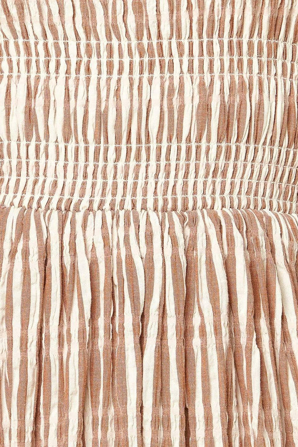 VALHALLA BROWN STRIPED WOVEN MIDI DRESS.
