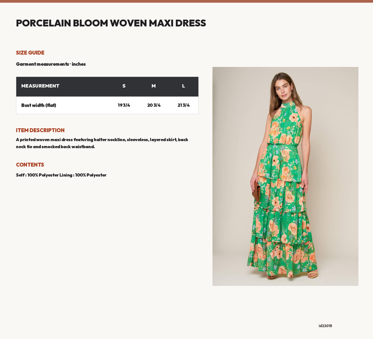 PORCELAIN BLOOM WOVEN MAXI DRESS size chart