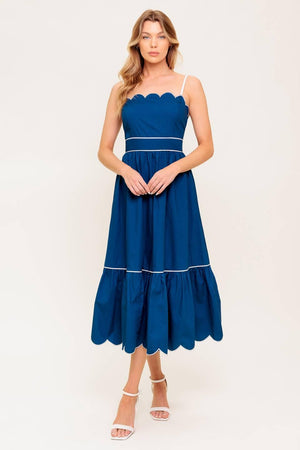 RUSTIC DREAM NAVY WOVEN MIDI DRESS.