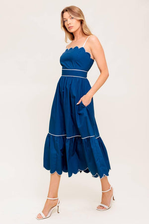 RUSTIC DREAM NAVY WOVEN MIDI DRESS.