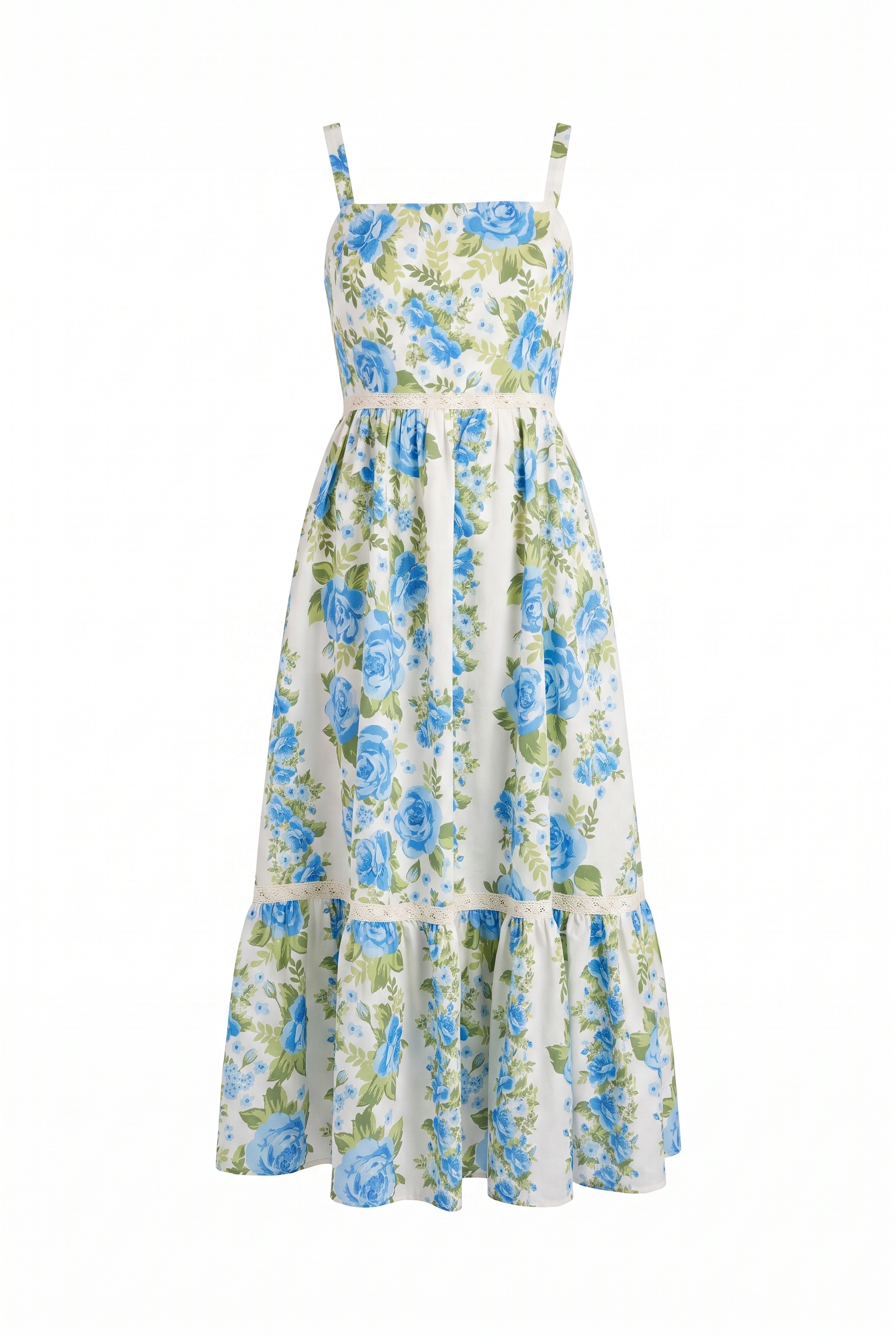 A sleeveless tiered midi dress with a blue and green floral print on a cream background, featuring thin shoulder straps and a gathered waist.