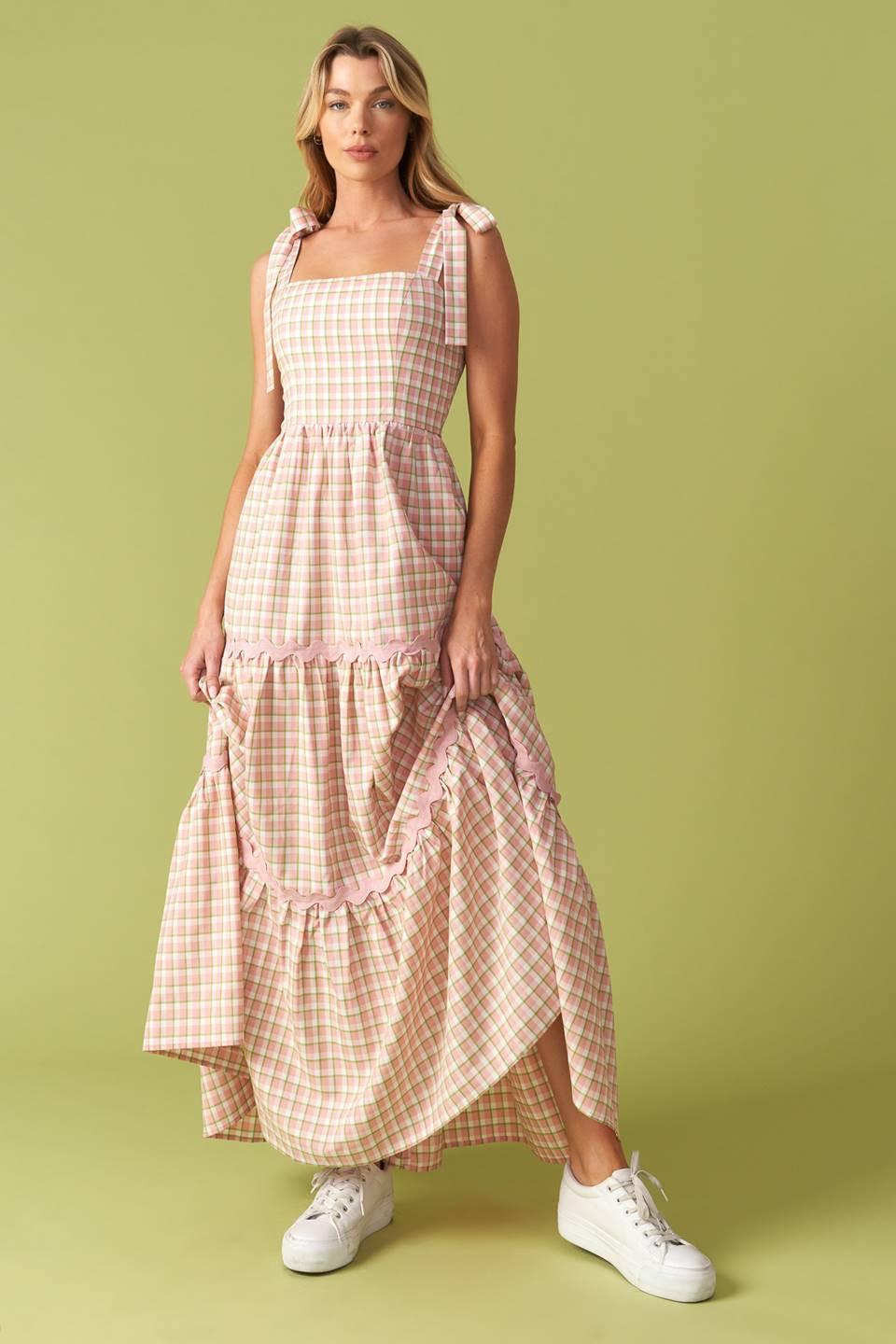 IMAGINE THAT GREEN PINK PLAID MIDI DRESS l FLYING TOMATO GREEN PINK / M IMAGINE THAT GREEN PINK PLAID MIDI DRESS l FLYING TOMATO GREEN PINK / M