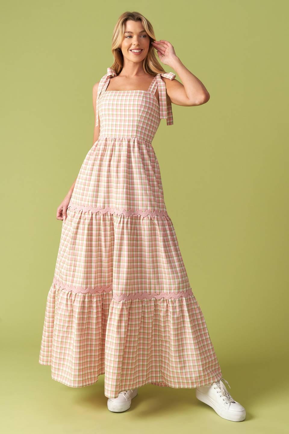 IMAGINE THAT GREEN PINK PLAID MIDI DRESS l FLYING TOMATO GREEN PINK / M IMAGINE THAT GREEN PINK PLAID MIDI DRESS l FLYING TOMATO GREEN PINK / M