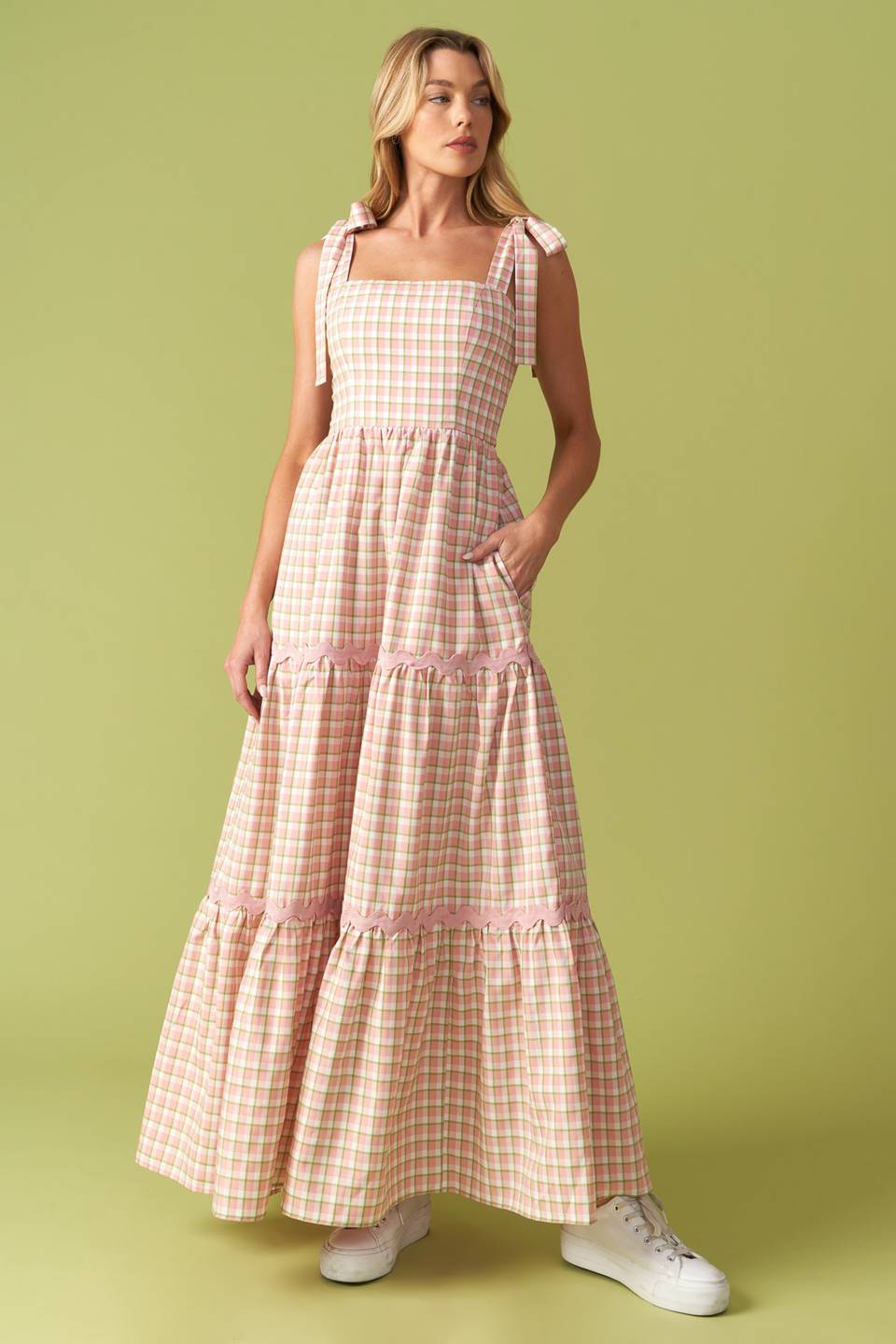 IMAGINE THAT GREEN PINK PLAID MIDI DRESS