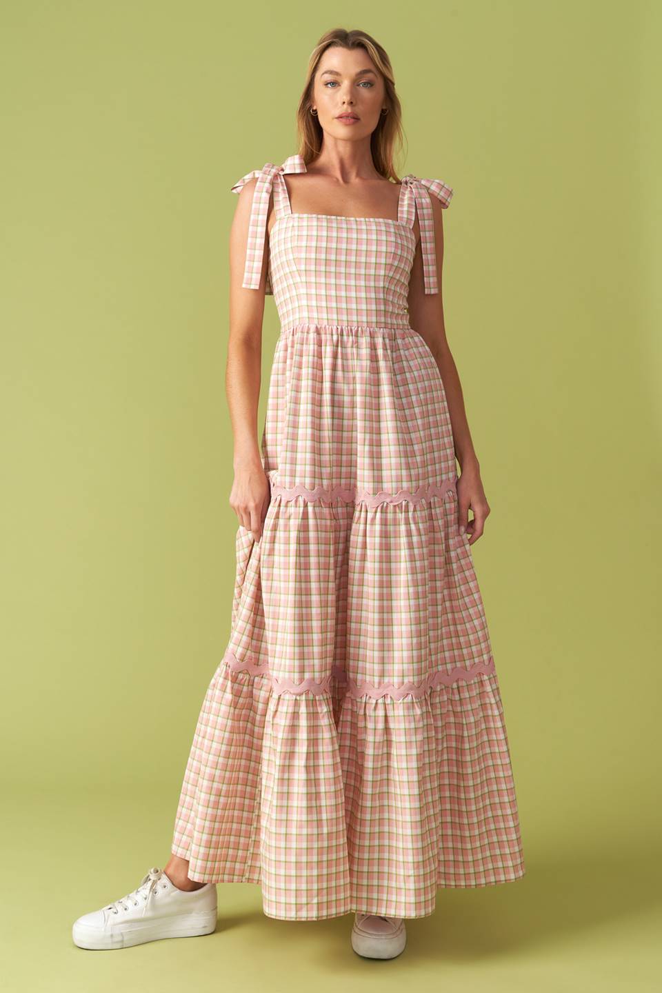 IMAGINE THAT GREEN PINK PLAID MIDI DRESS