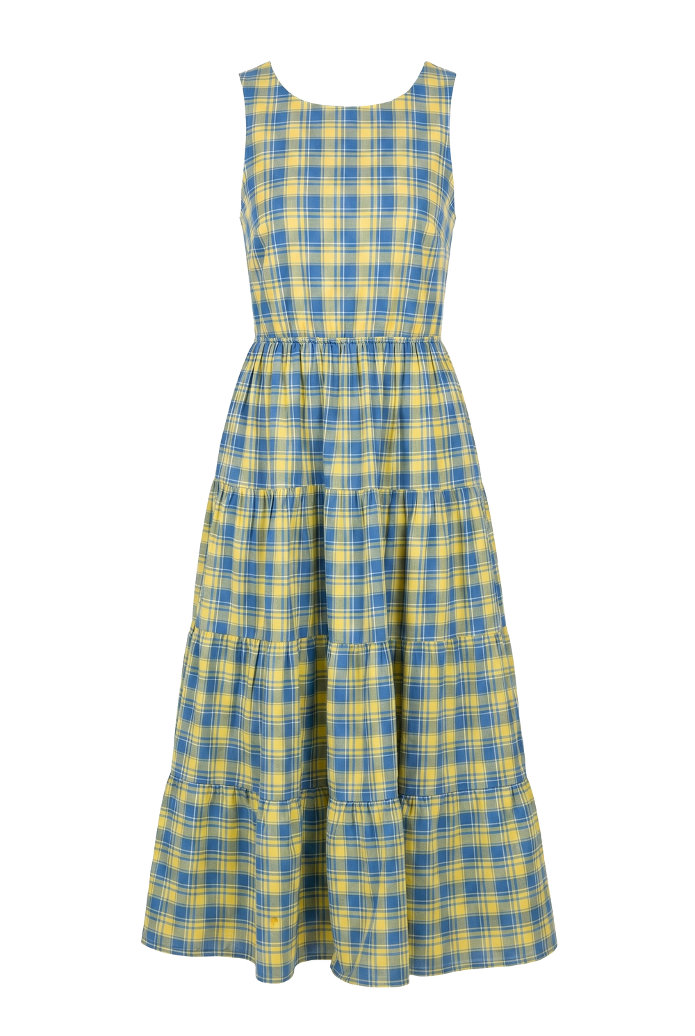 A yarn dye woven midi dress featuring round neckline, sleeveless, elasticized waist, tiered skirt, open back with back straps on a white background | Flying Tomato