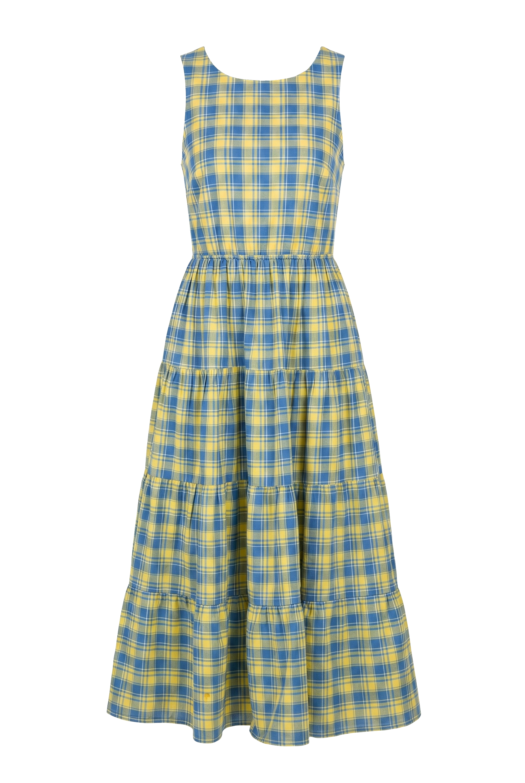 A yarn dye woven midi dress featuring round neckline, sleeveless, elasticized waist, tiered skirt, open back with back straps on a white background | Flying Tomato
