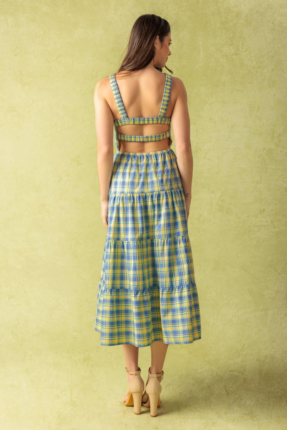 A yarn dye woven midi dress featuring round neckline, sleeveless, elasticized waist, tiered skirt, open back with back straps on a white background | Flying Tomato