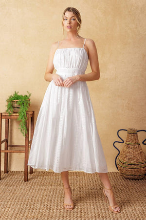 BACK AND FORTH EYELET MIDI DRESS.