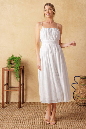 BACK AND FORTH EYELET MIDI DRESS.