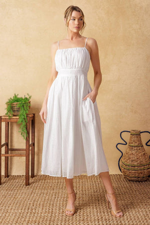 BACK AND FORTH EYELET MIDI DRESS.