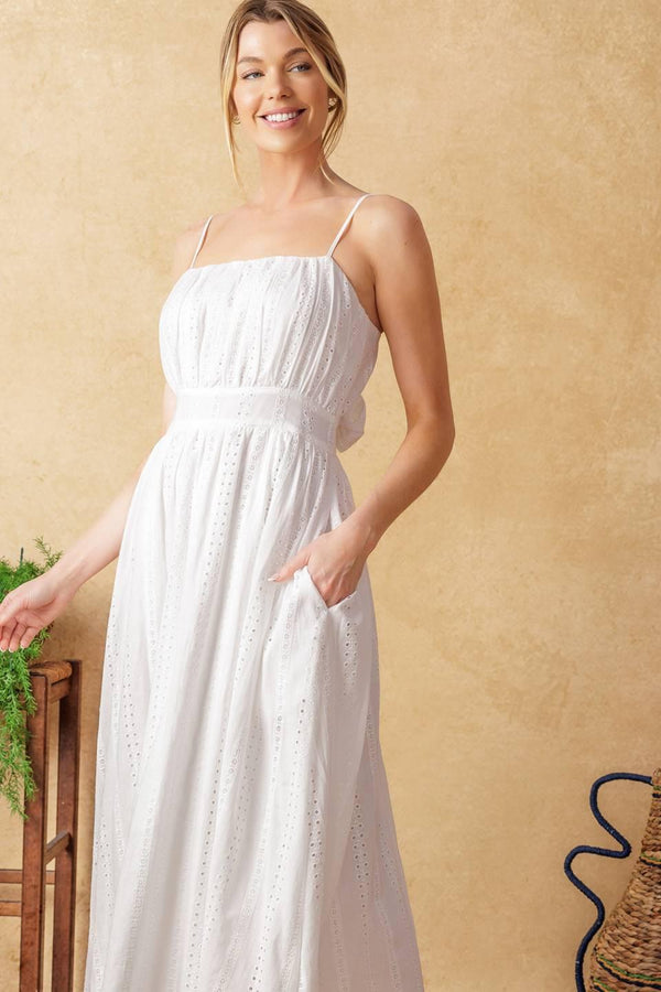 BACK AND FORTH EYELET MIDI DRESS.