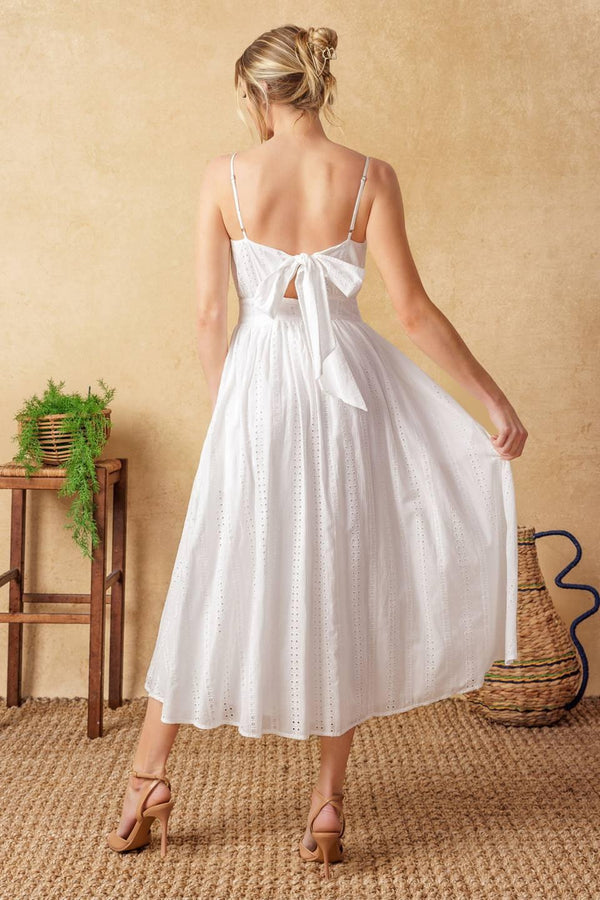 BACK AND FORTH EYELET MIDI DRESS.