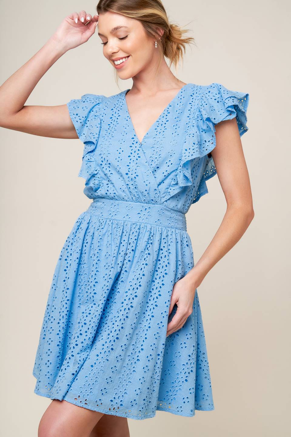 KEEP ME CLOSE POWDER BLUE WOVEN MINI DRESS