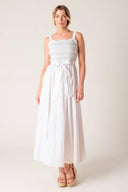 ROMINA BRODERIE WOVEN MIDI DRESS.