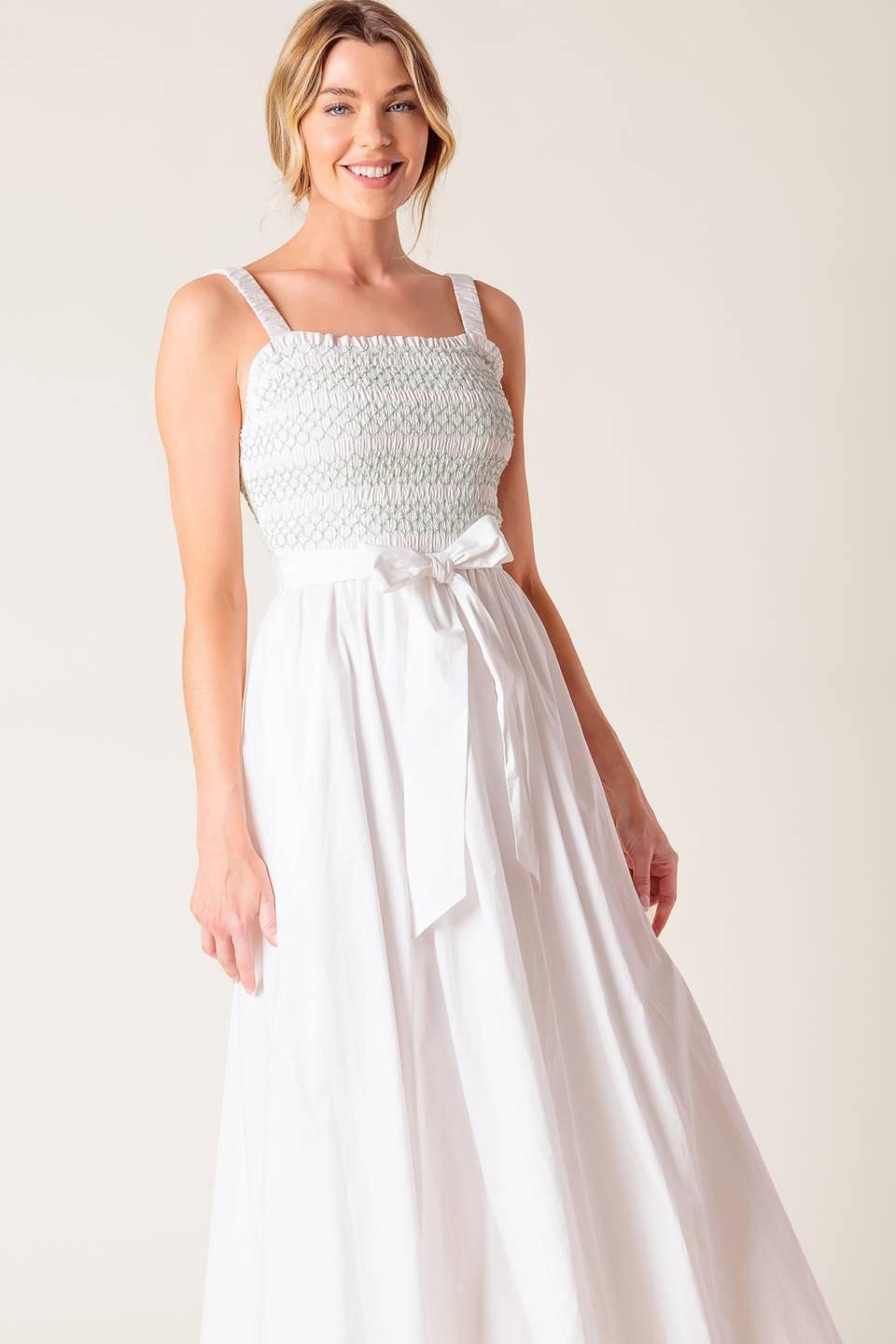 ROMINA BRODERIE WOVEN MIDI DRESS.