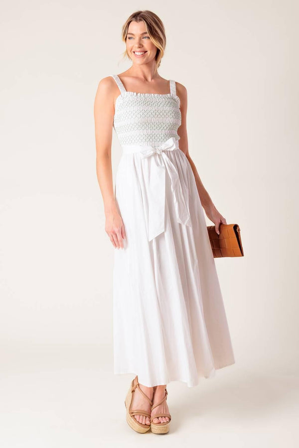 ROMINA BRODERIE WOVEN MIDI DRESS.