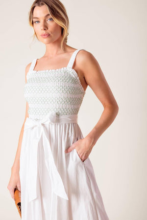 ROMINA BRODERIE WOVEN MIDI DRESS.