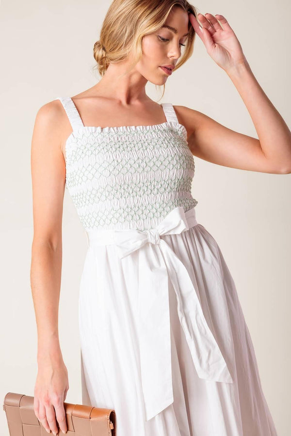 ROMINA BRODERIE WOVEN MIDI DRESS.
