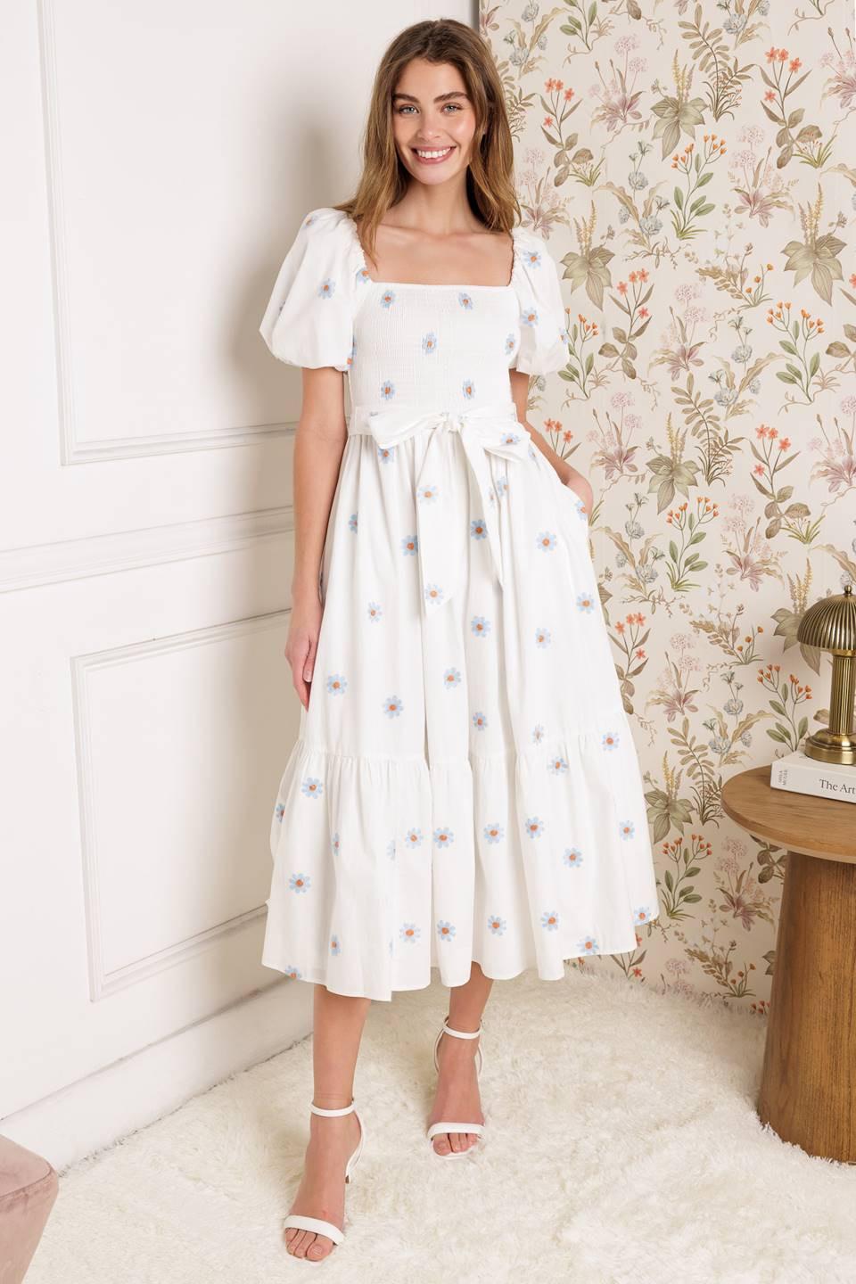 LUXE LAGOON EMBROIDERED MIDI DRESS l FLYING TOMATO IVORY / S LUXE LAGOON EMBROIDERED MIDI DRESS l FLYING TOMATO IVORY / S