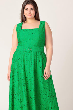DAFFODILS & DAYDREAMS WOVEN LACE MIDI DRESS.