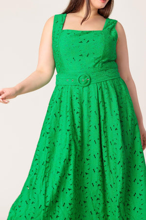 DAFFODILS & DAYDREAMS WOVEN LACE MIDI DRESS.