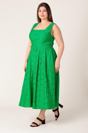 DAFFODILS & DAYDREAMS WOVEN LACE MIDI DRESS.