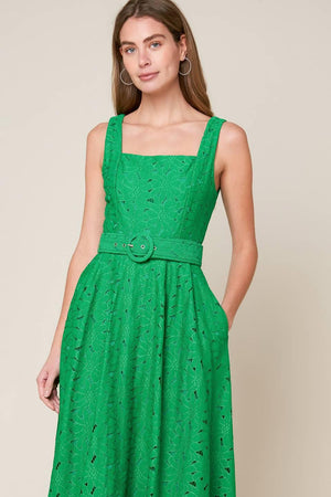 DAFFODILS & DAYDREAMS WOVEN LACE MIDI DRESS.