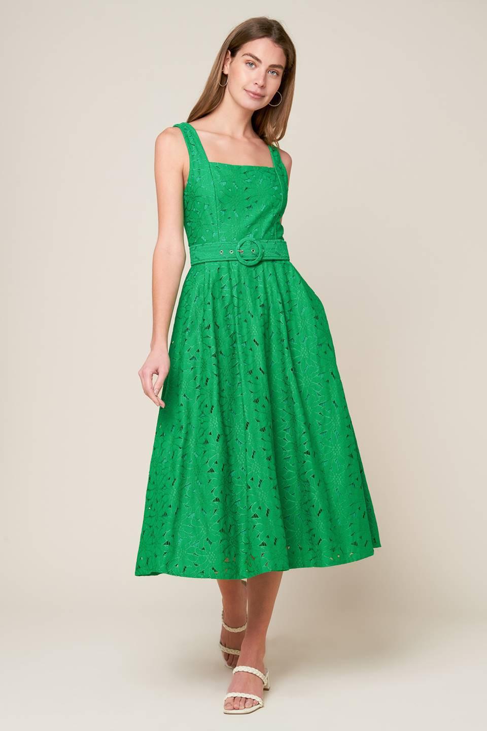 DAFFODILS & DAYDREAMS WOVEN LACE MIDI DRESS.