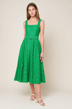 DAFFODILS & DAYDREAMS WOVEN LACE MIDI DRESS.