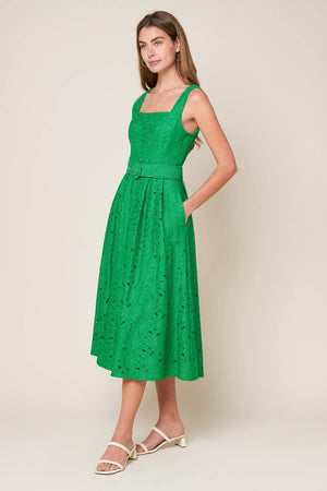 DAFFODILS & DAYDREAMS WOVEN LACE MIDI DRESS.