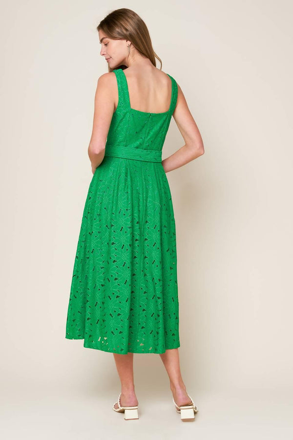 DAFFODILS & DAYDREAMS WOVEN LACE MIDI DRESS.