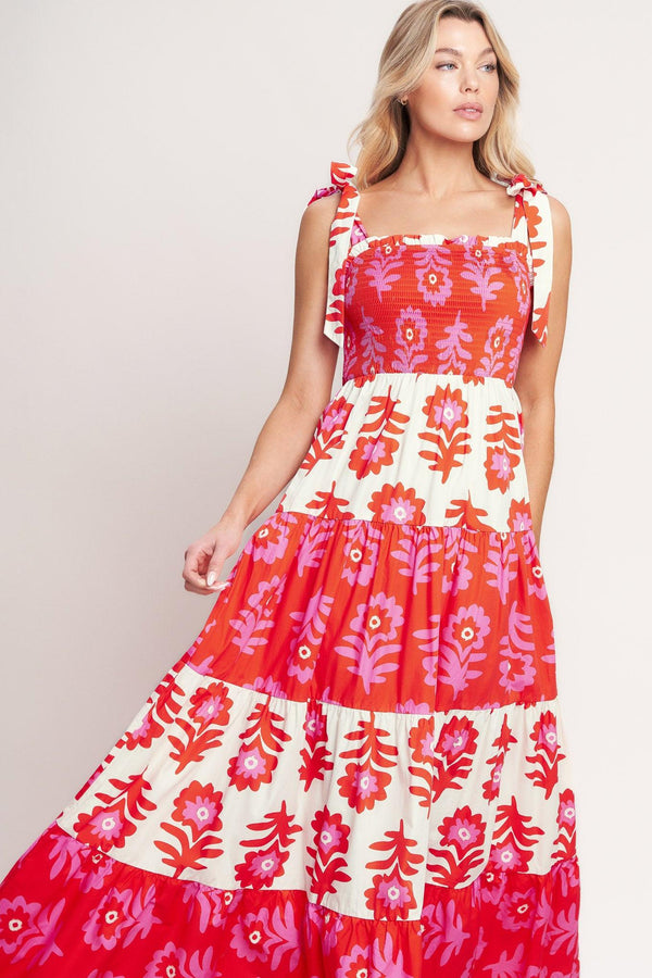 
A printed woven maxi dress featuring straight neckline, shoulder straps, smocked bodice and tiered skirt

Details:

Self : 100% Cotton
Contrast : 100% Cotton

Size &amp; Fit

- Model is 5`10" And Wearing Size Small
- Measurements Taken From Size Small
- Approx. Length: 59"