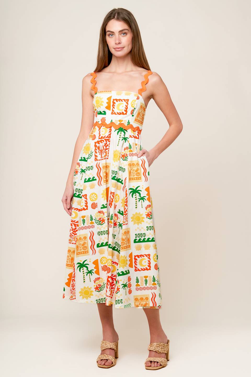 A printed woven midi dress featuring straight neckline, ric rac ribbon trim and strap, circle skirt and back zipper closure.