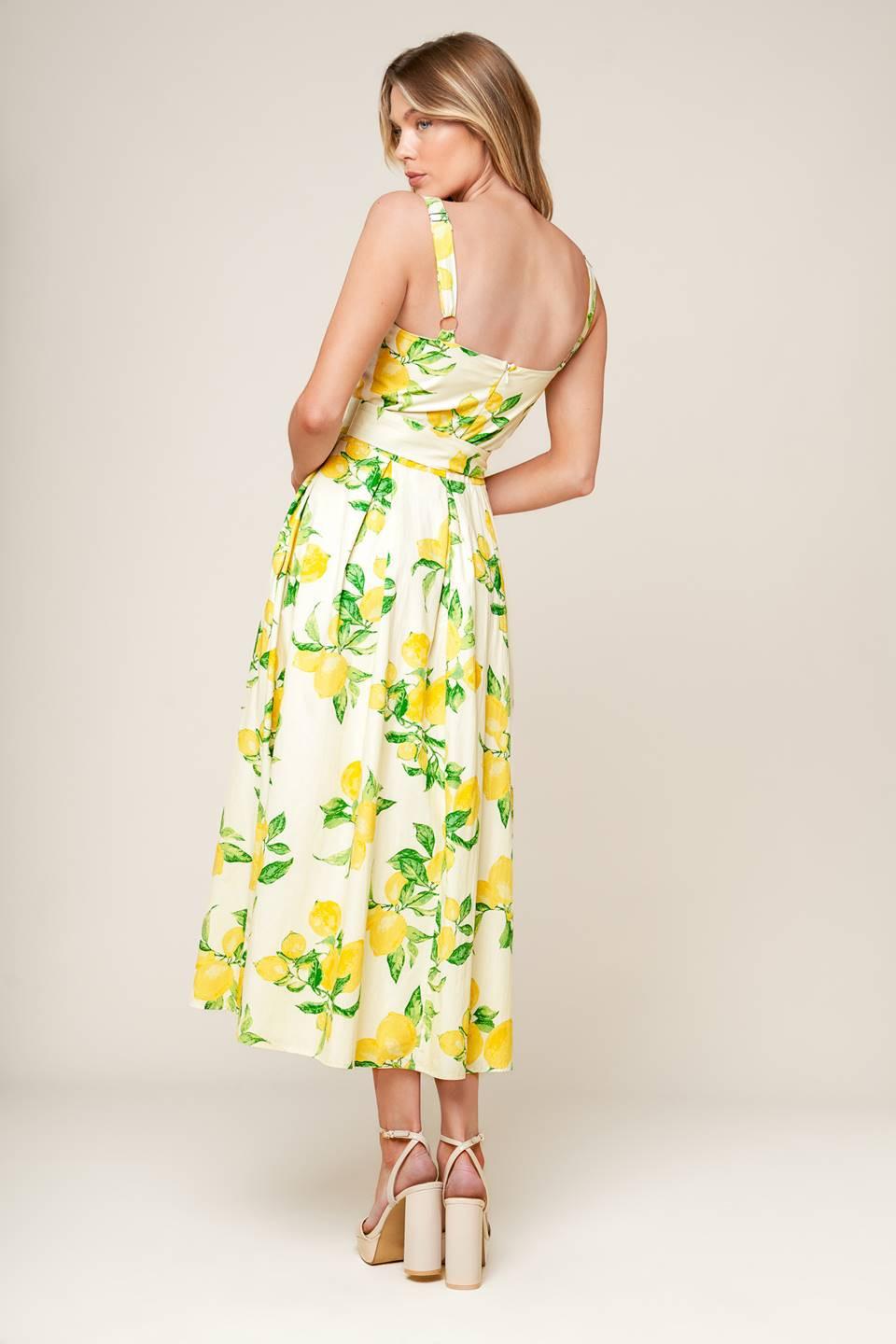 A printed woven midi dress featuring straight neckline, straps, self belt, full skirt and back zipper closure.