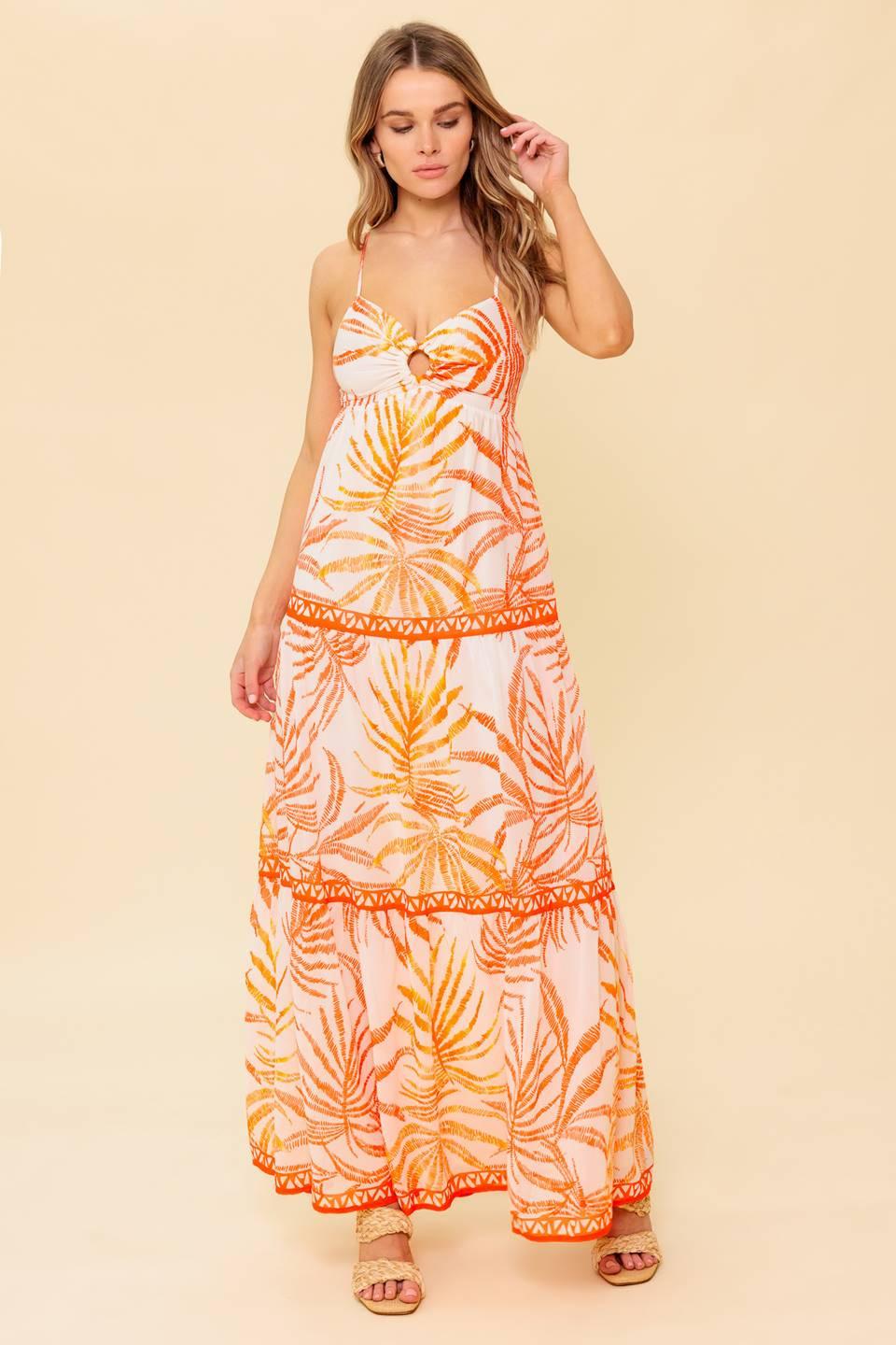 A printed woven maxi dress featuring cami bodice with O ring detail, tiered skirt and smocked back bodice