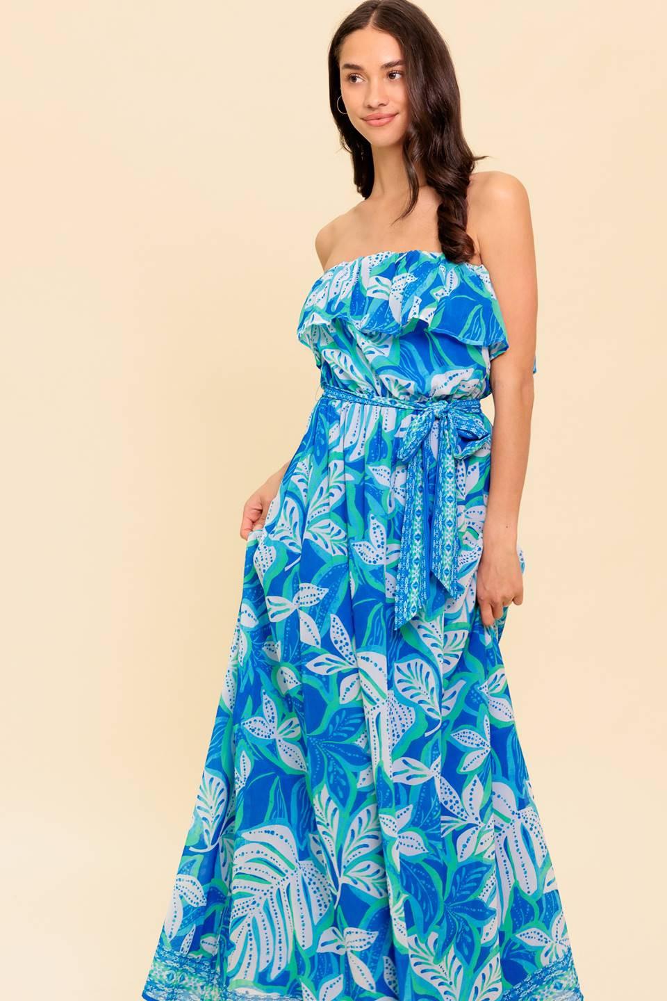 A printed woven maxi dress featuring strapless, flounce and elasticized waist
