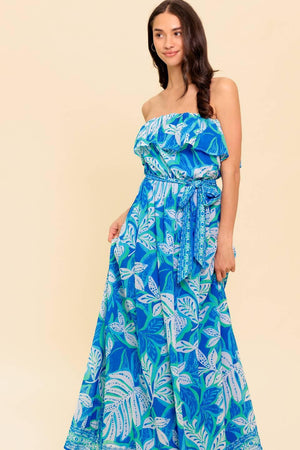 A printed woven maxi dress featuring strapless, flounce and elasticized waist