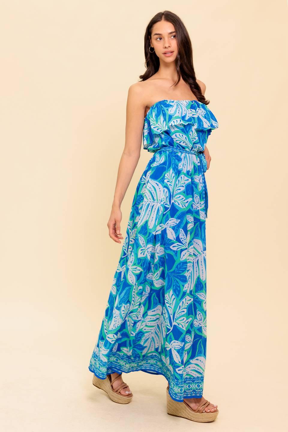 A printed woven maxi dress featuring strapless, flounce and elasticized waist